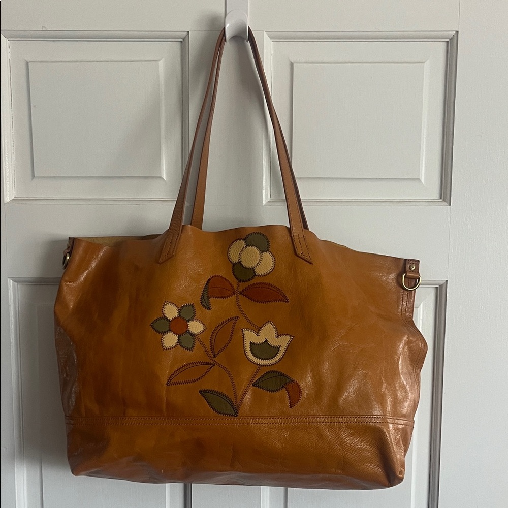 Hobo Journey Tote Floral Embroidered Tan Leather Tote Bag